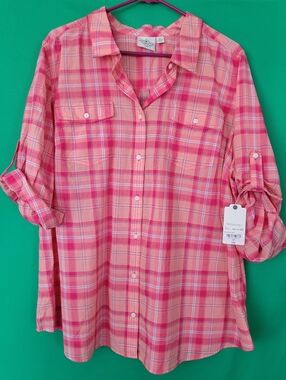 New St. Johns Bay Pink and Peach Plaid Shirt Roll Tab Sleeves Women Size 2x Boho